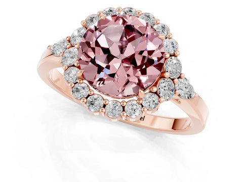 Rose gold Round Cut Morganite Halo Ring with Pear Side Stones and Prong Setting_13