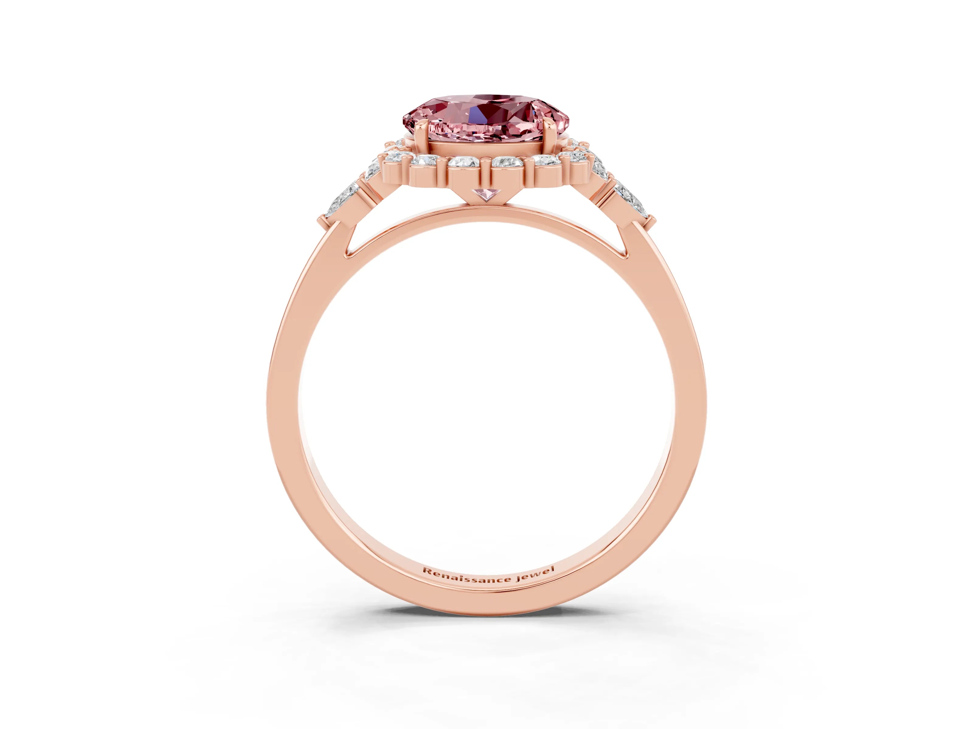 Rose gold Round Cut Morganite Halo Ring with Pear Side Stones and Prong Setting_15