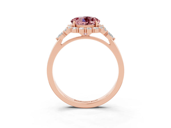 Rose gold Round Cut Morganite Halo Ring with Pear Side Stones and Prong Setting