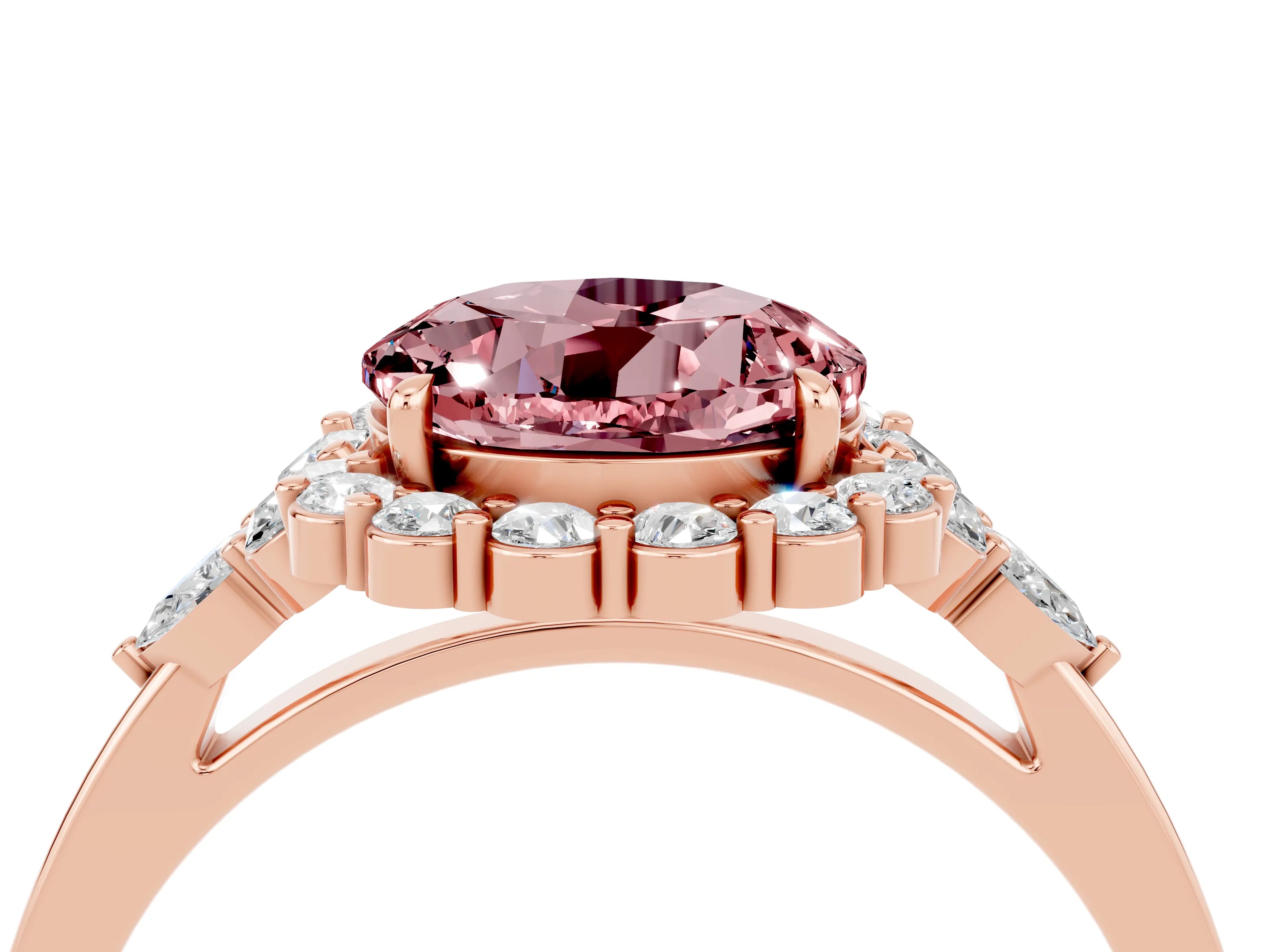 Rose gold Round Cut Morganite Halo Ring with Pear Side Stones and Prong Setting_16