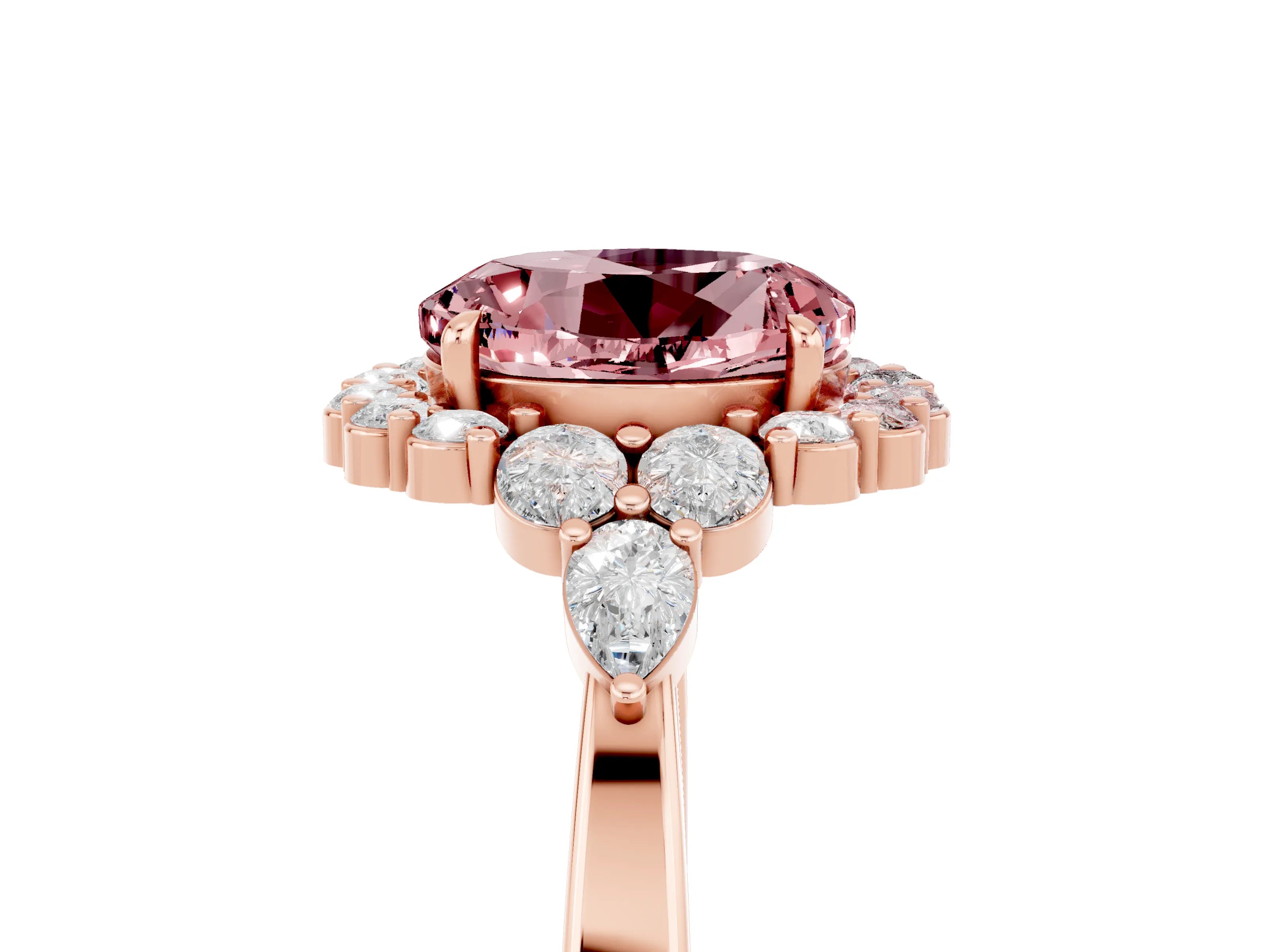 Rose gold Round Cut Morganite Halo Ring with Pear Side Stones and Prong Setting_17
