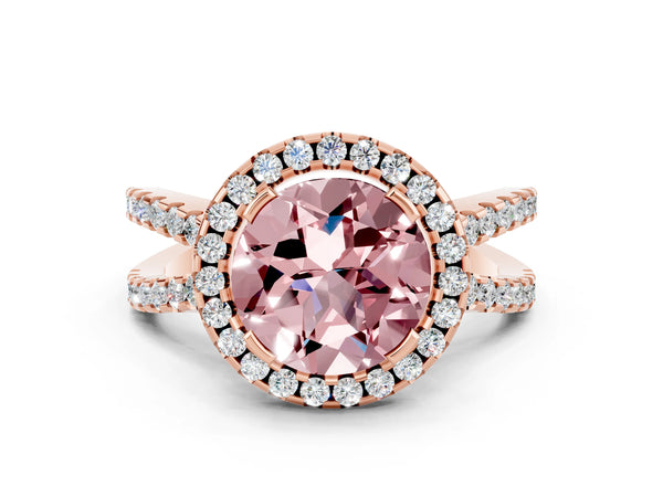 Rose gold Round Cut Morganite Halo Ring with Split Shank Pavé Band and Prong Setting