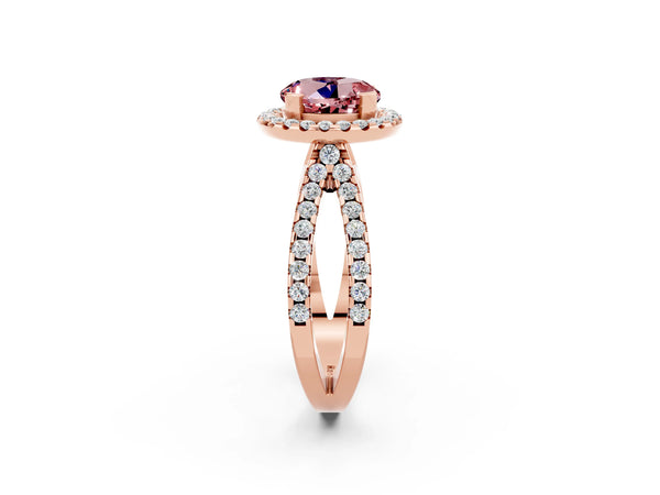 Rose gold Round Cut Morganite Halo Ring with Split Shank Pavé Band and Prong Setting