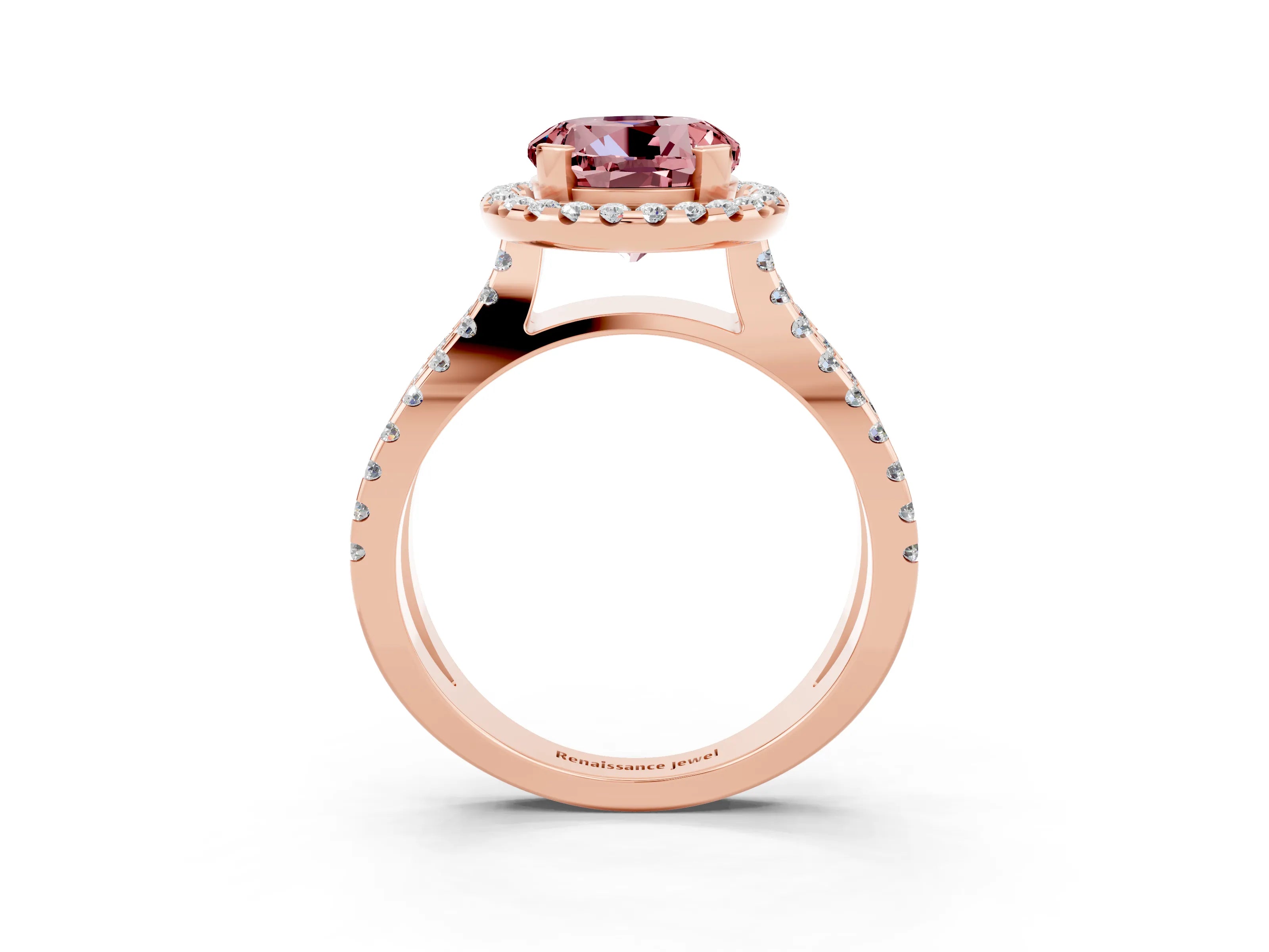 Rose gold Round Cut Morganite Halo Ring with Split Shank Pavé Band and Prong Setting_3