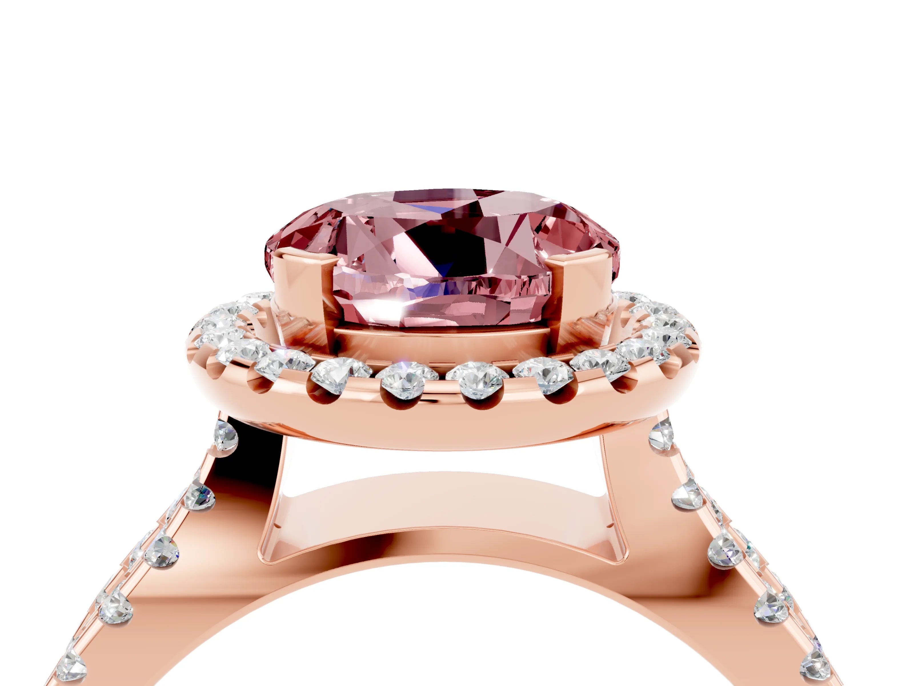 Rose gold Round Cut Morganite Halo Ring with Split Shank Pavé Band and Prong Setting_4