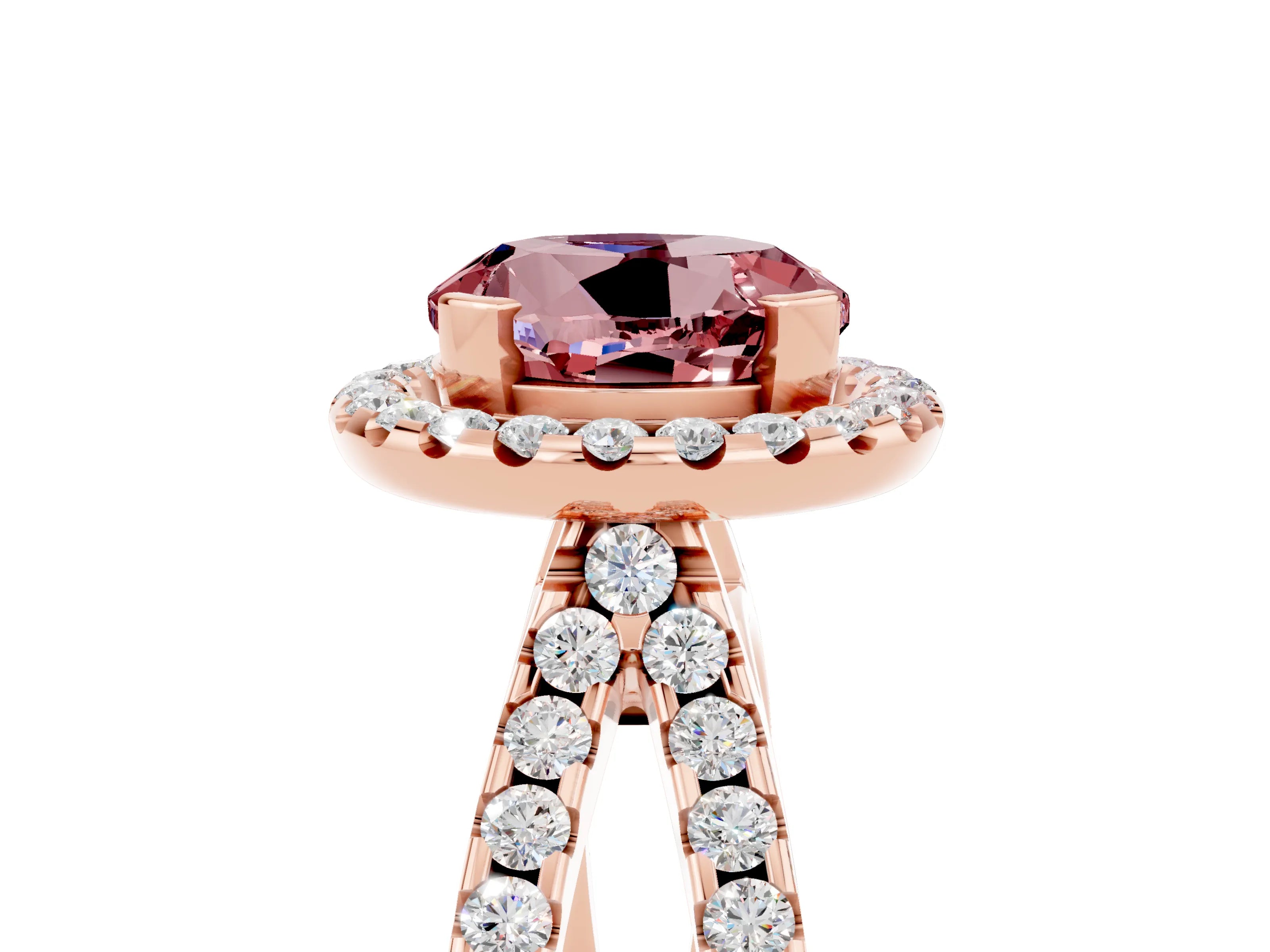 Rose gold Round Cut Morganite Halo Ring with Split Shank Pavé Band and Prong Setting_5
