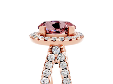 Rose gold Round Cut Morganite Halo Ring with Split Shank Pavé Band and Prong Setting_5