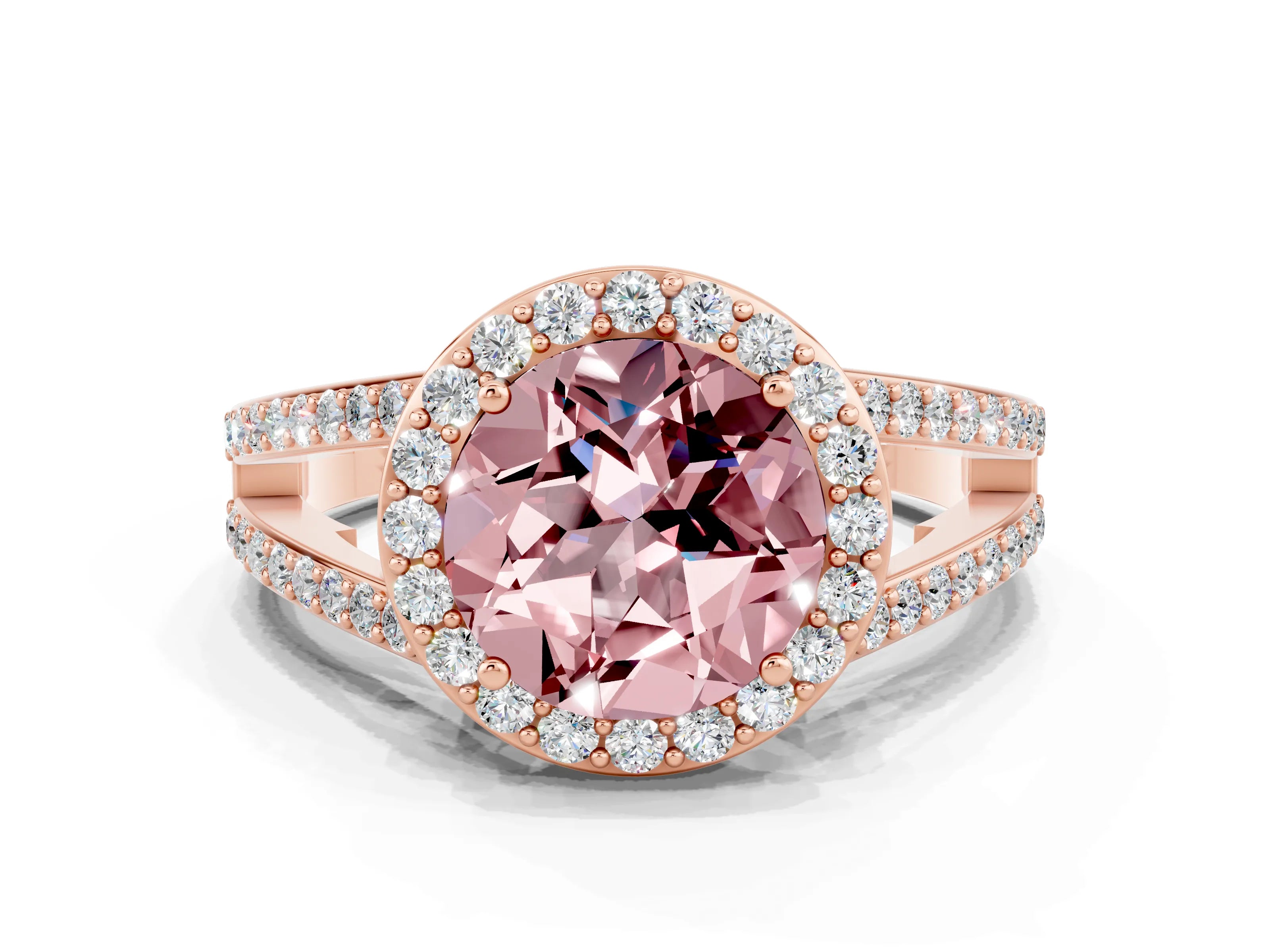 Rose gold Round Cut Morganite Halo Ring with Split Shank U-Prong Band and Four-Prong Setting