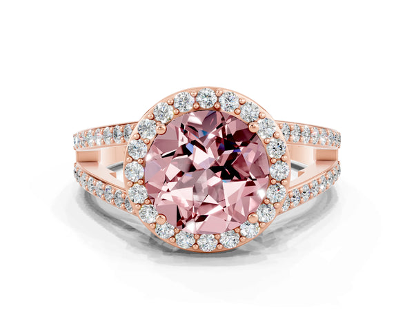 Rose gold Round Cut Morganite Halo Ring with Split Shank U-Prong Band and Four-Prong Setting