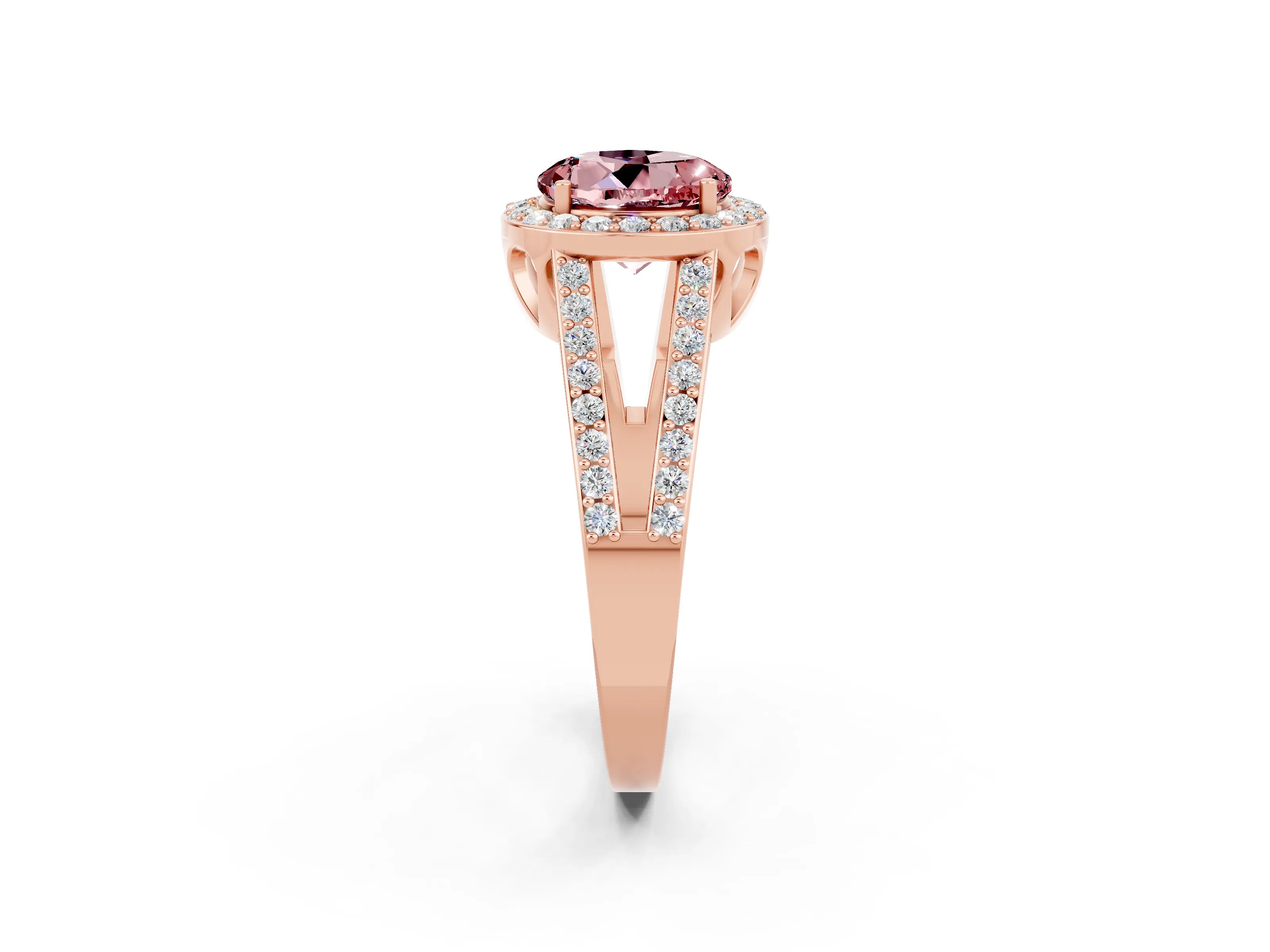 Rose gold Round Cut Morganite Halo Ring with Split Shank U-Prong Band and Four-Prong Setting_2