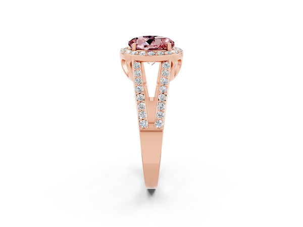 Rose gold Round Cut Morganite Halo Ring with Split Shank U-Prong Band and Four-Prong Setting
