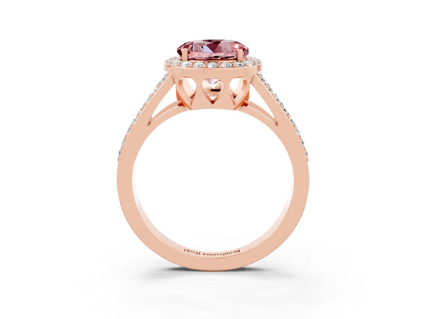 Rose gold Round Cut Morganite Halo Ring with Split Shank U-Prong Band and Four-Prong Setting