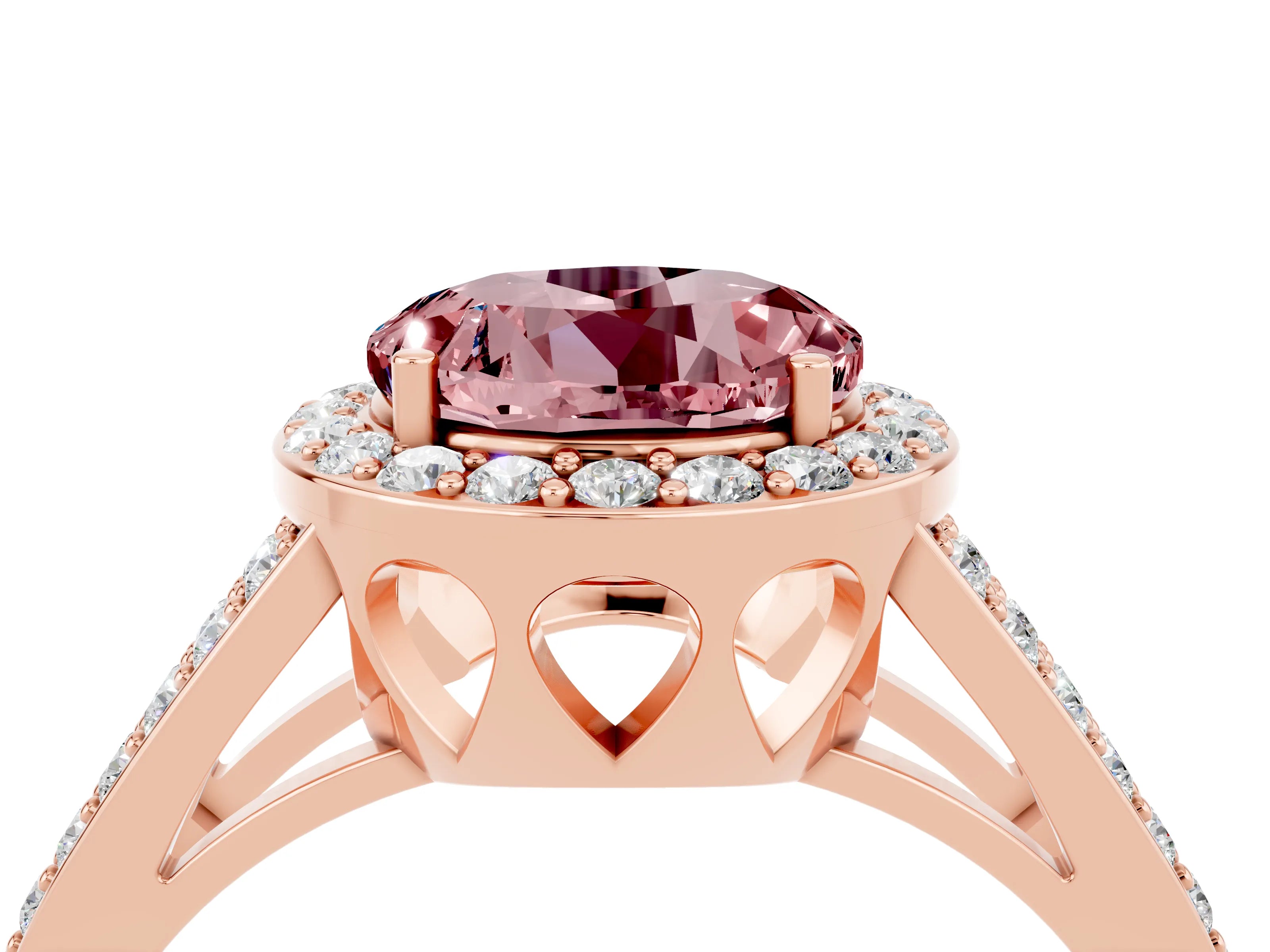 Rose gold Round Cut Morganite Halo Ring with Split Shank U-Prong Band and Four-Prong Setting_4