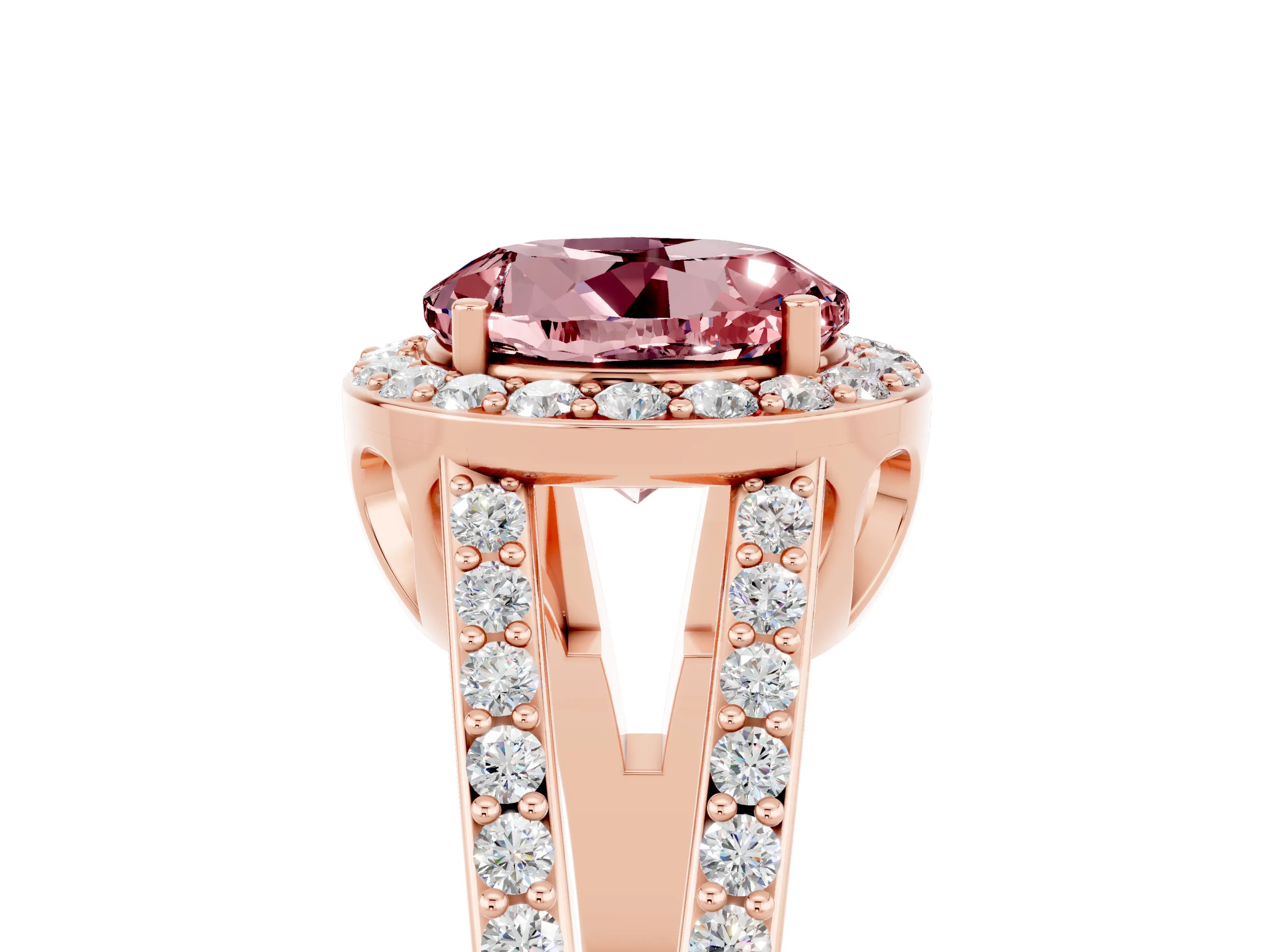 Rose gold Round Cut Morganite Halo Ring with Split Shank U-Prong Band and Four-Prong Setting_5