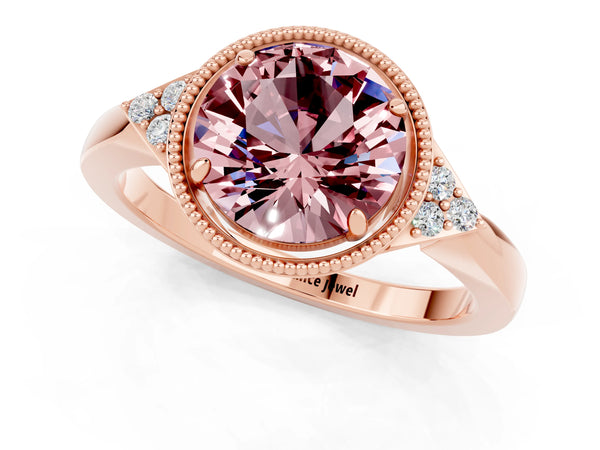 Rose gold Round Cut Morganite Halo Ring with Tapered Band and Four-Prong Setting