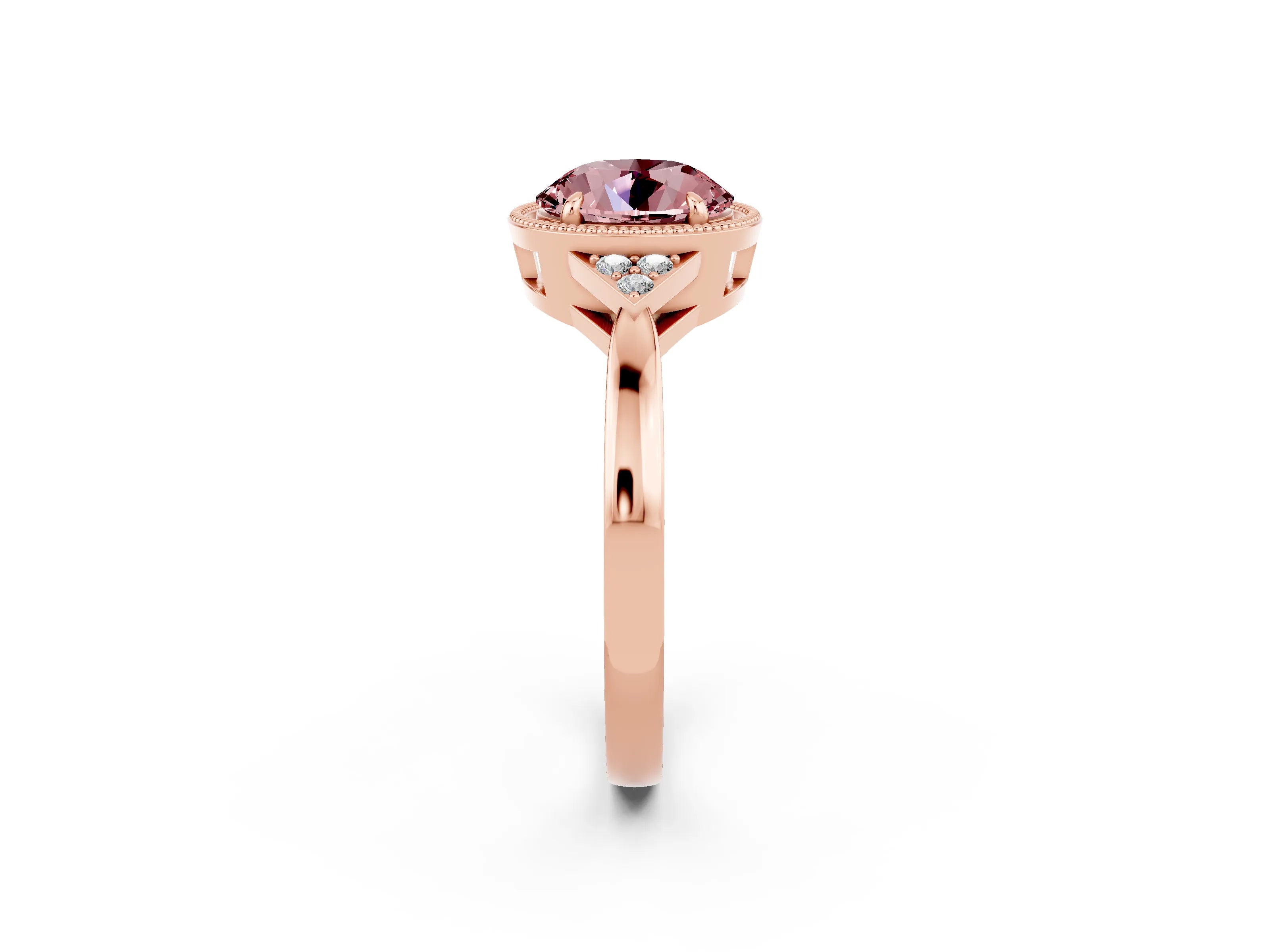Rose gold Round Cut Morganite Halo Ring with Tapered Band and Four-Prong Setting_2