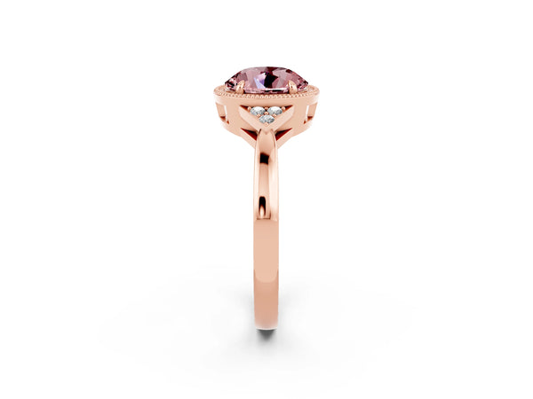 Rose gold Round Cut Morganite Halo Ring with Tapered Band and Four-Prong Setting