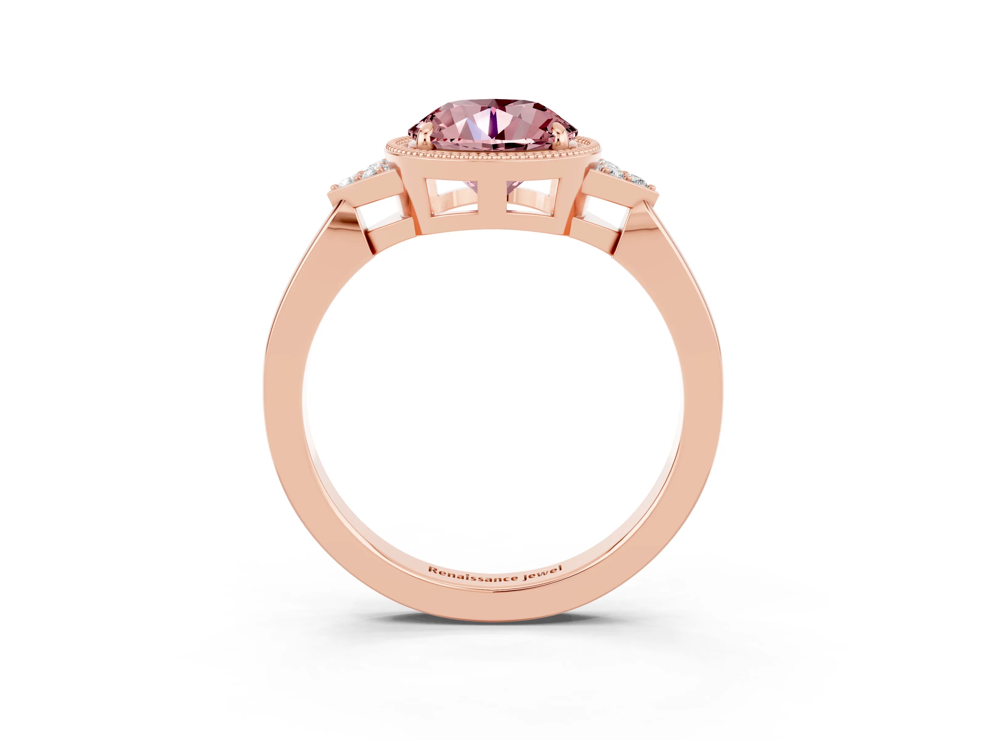 Rose gold Round Cut Morganite Halo Ring with Tapered Band and Four-Prong Setting_3