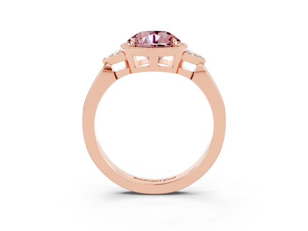 Rose gold Round Cut Morganite Halo Ring with Tapered Band and Four-Prong Setting