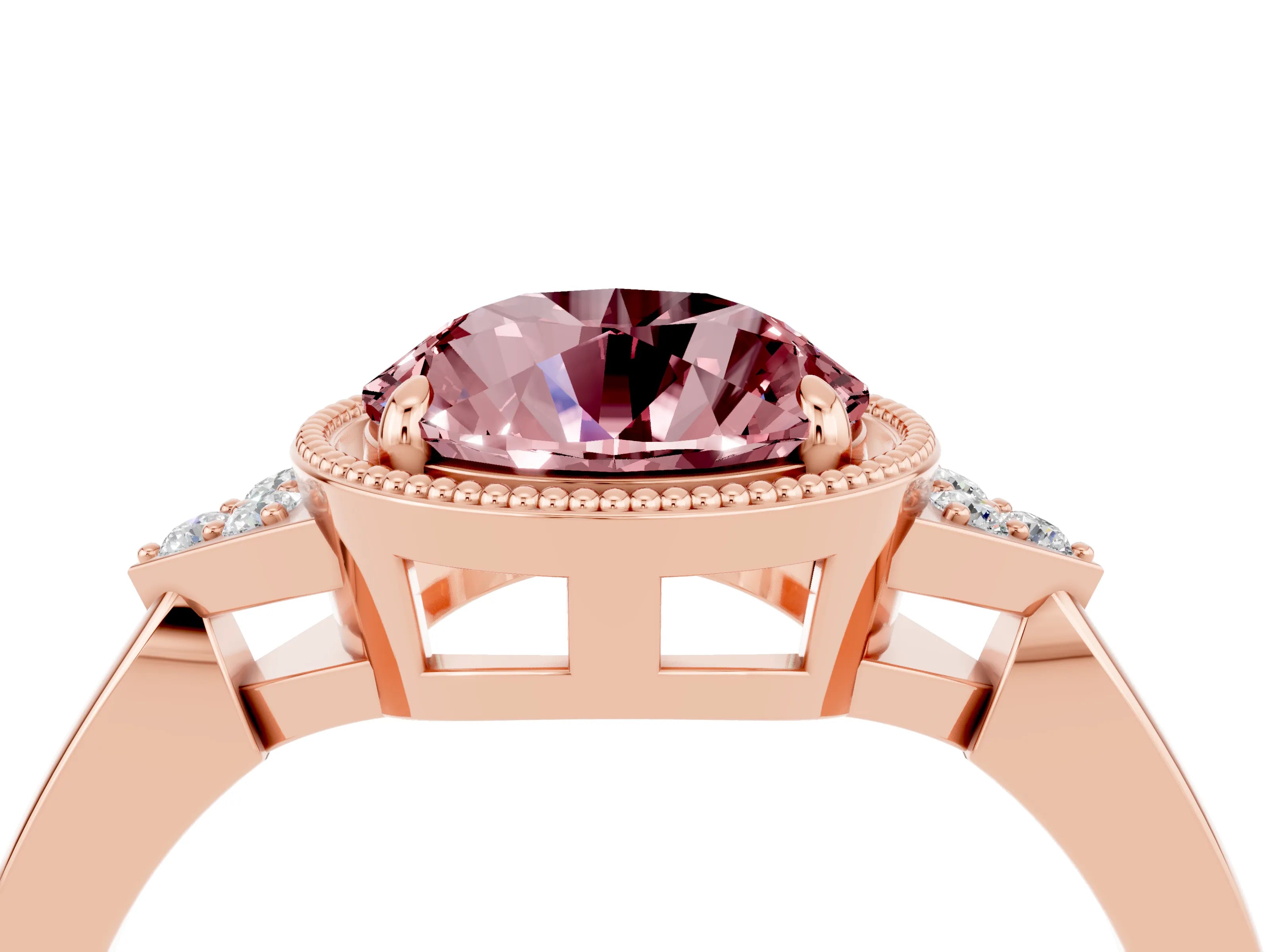 Rose gold Round Cut Morganite Halo Ring with Tapered Band and Four-Prong Setting_4