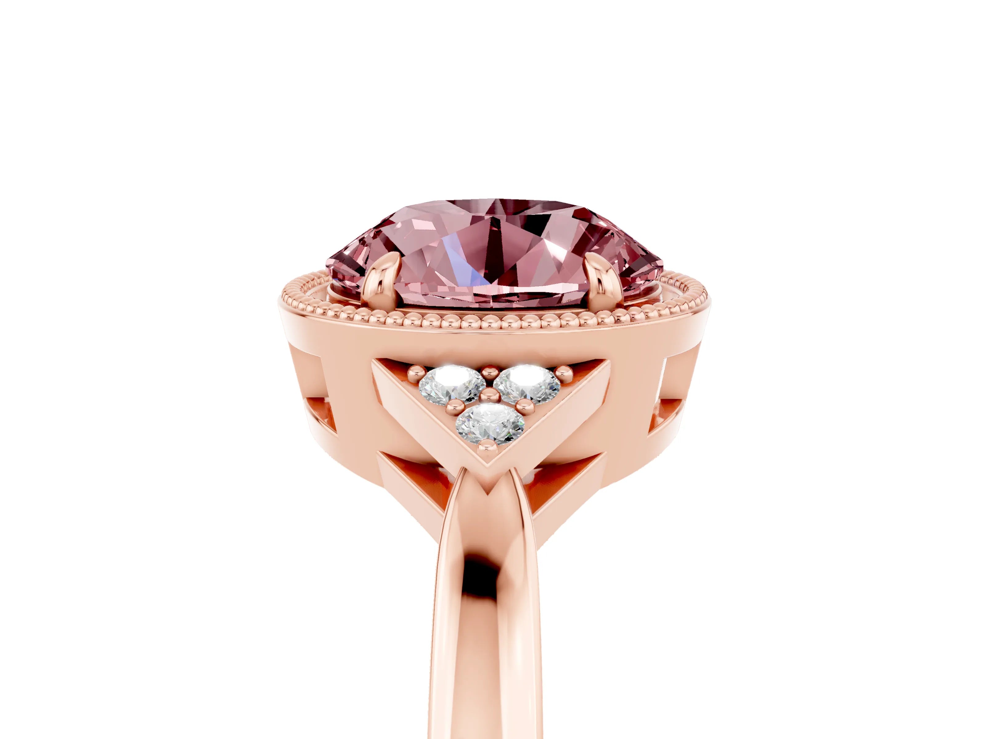 Rose gold Round Cut Morganite Halo Ring with Tapered Band and Four-Prong Setting_5