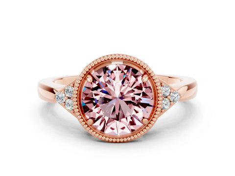 Rose gold Round Cut Morganite Halo Ring with Tapered Band and Four-Prong Setting