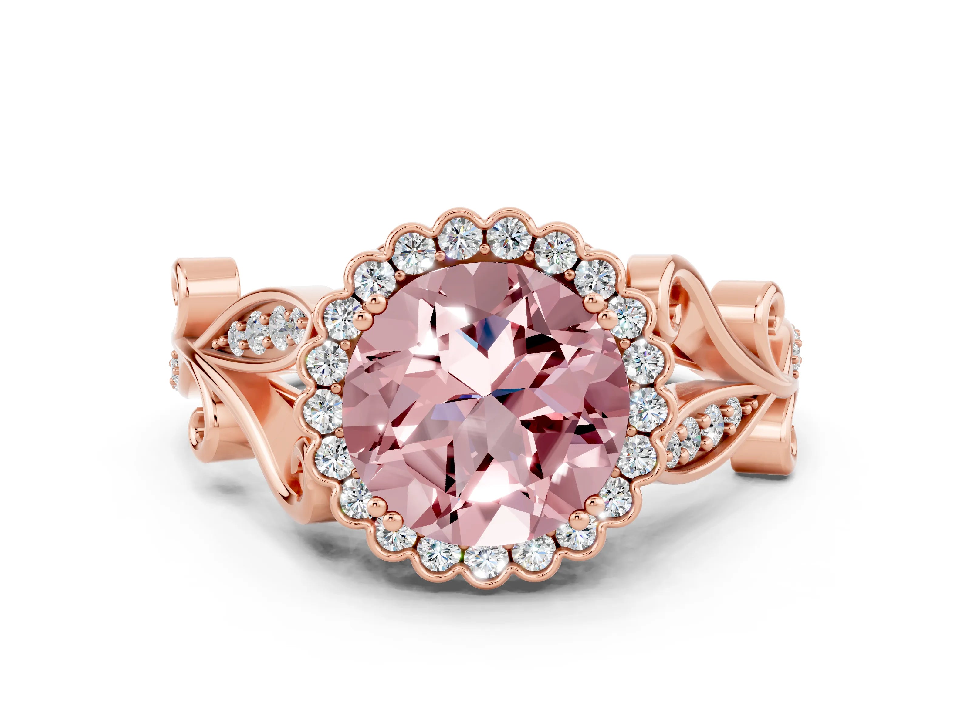 Rose gold Round Cut Morganite Halo Ring with Vintage Split Shank and Four-Prong Setting_22