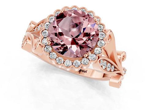 Rose gold Round Cut Morganite Halo Ring with Vintage Split Shank and Four-Prong Setting_23