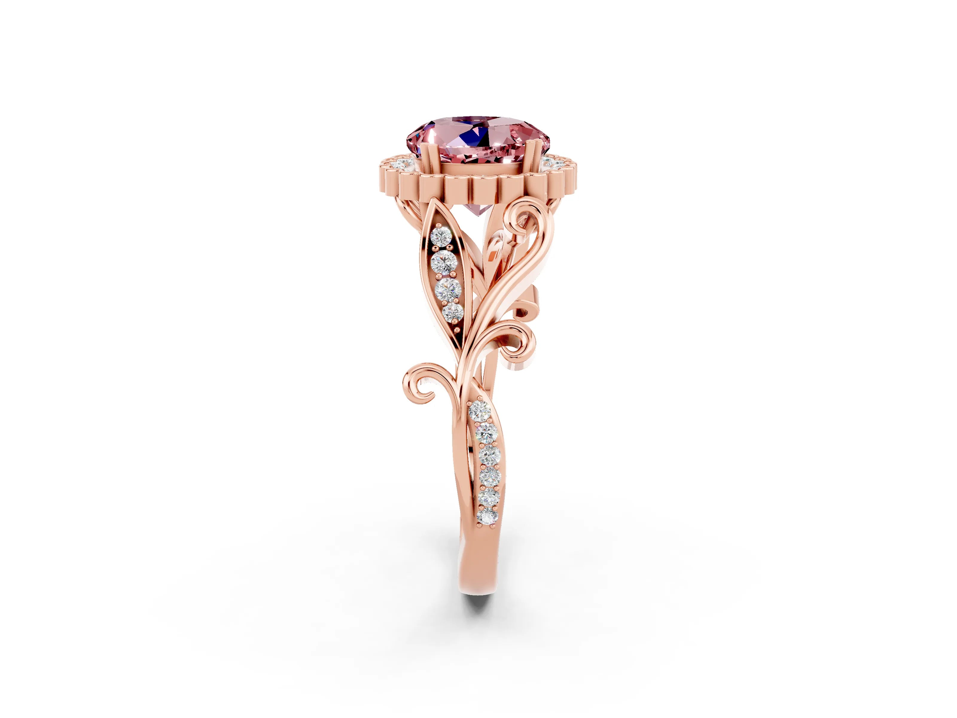 Rose gold Round Cut Morganite Halo Ring with Vintage Split Shank and Four-Prong Setting_24