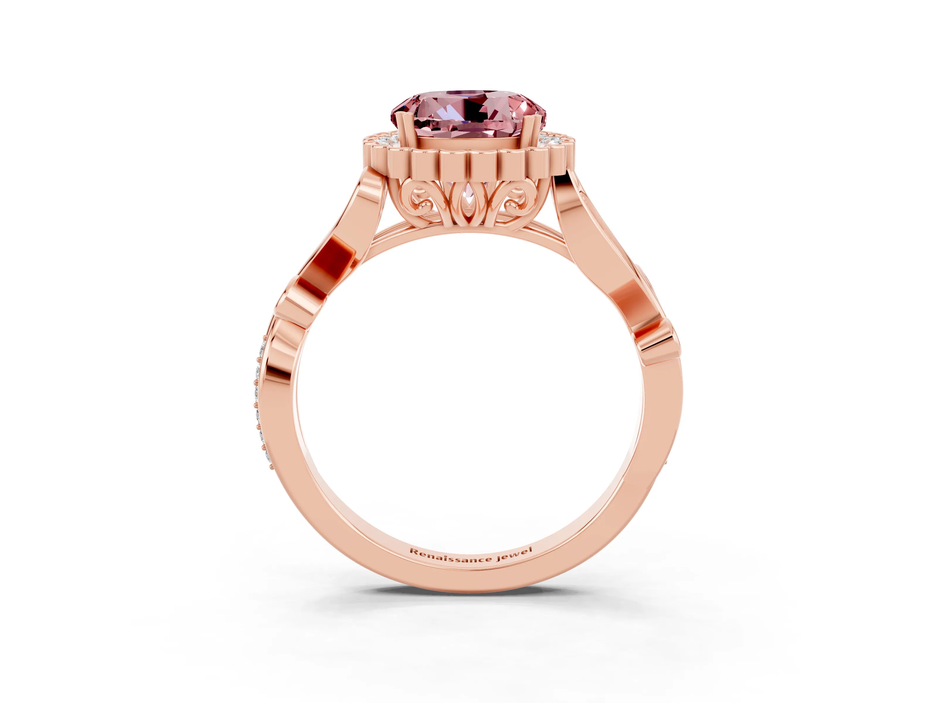 Rose gold Round Cut Morganite Halo Ring with Vintage Split Shank and Four-Prong Setting_25