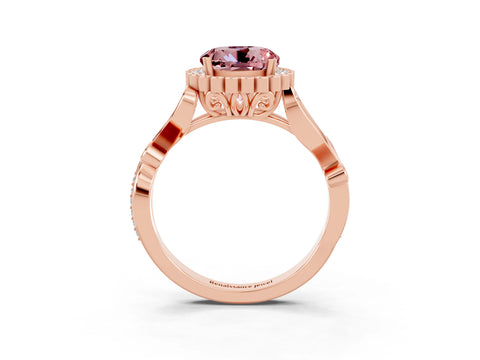 Rose gold Round Cut Morganite Halo Ring with Vintage Split Shank and Four-Prong Setting_25