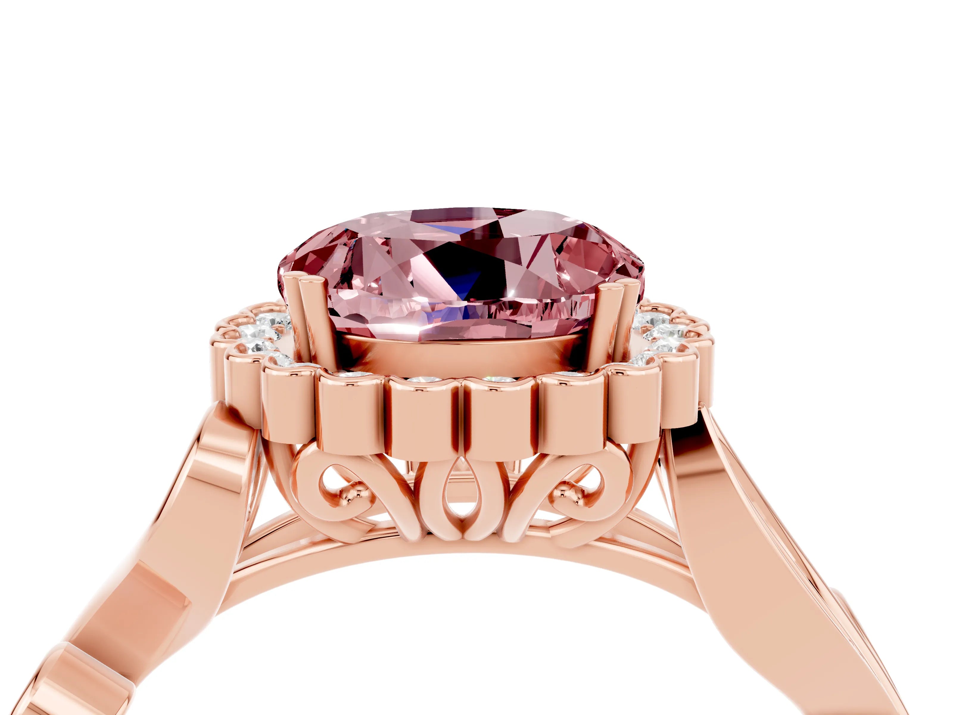 Rose gold Round Cut Morganite Halo Ring with Vintage Split Shank and Four-Prong Setting_26