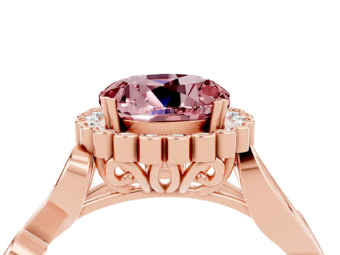 Rose gold Round Cut Morganite Halo Ring with Vintage Split Shank and Four-Prong Setting_26