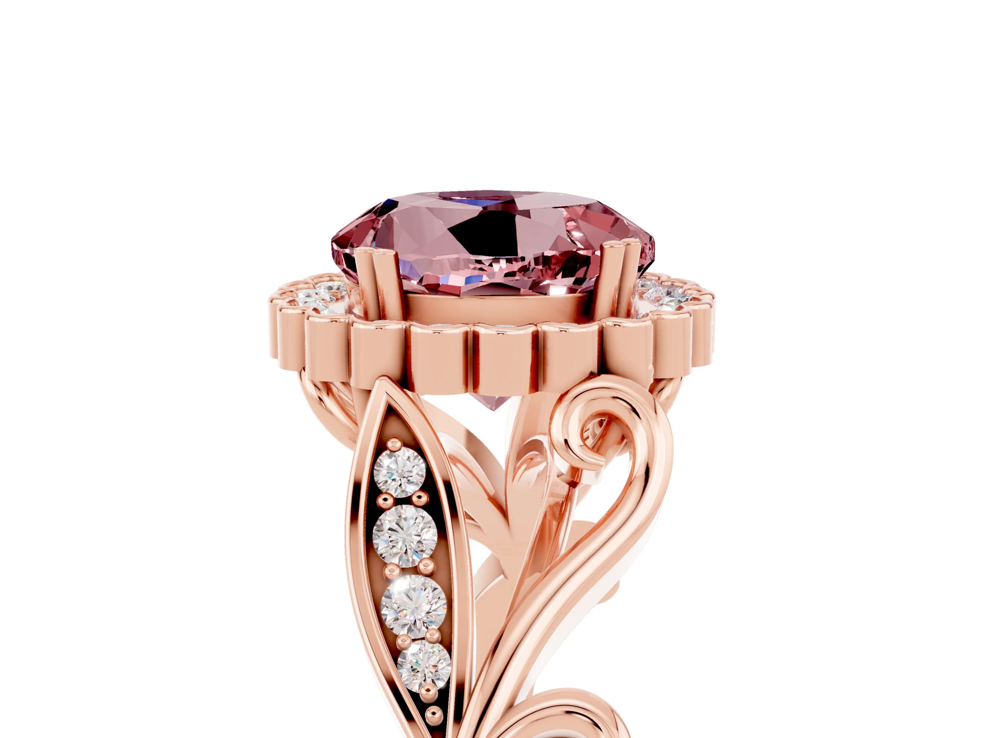 Rose gold Round Cut Morganite Halo Ring with Vintage Split Shank and Four-Prong Setting_27