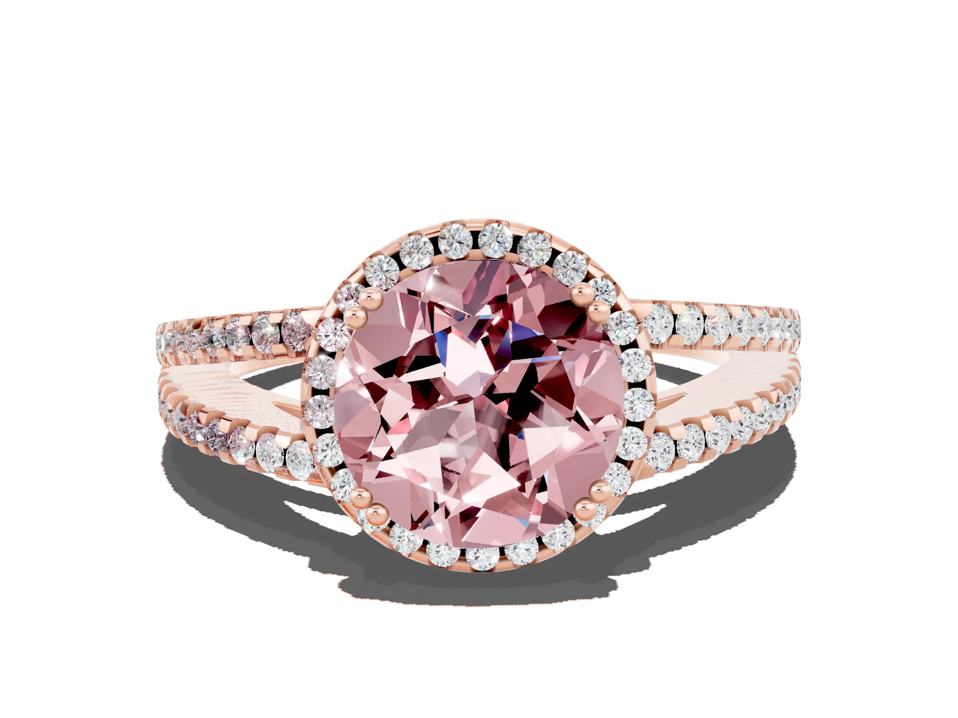 Rose gold Round Cut Morganite Halo Split Shank Engagement Ring_12