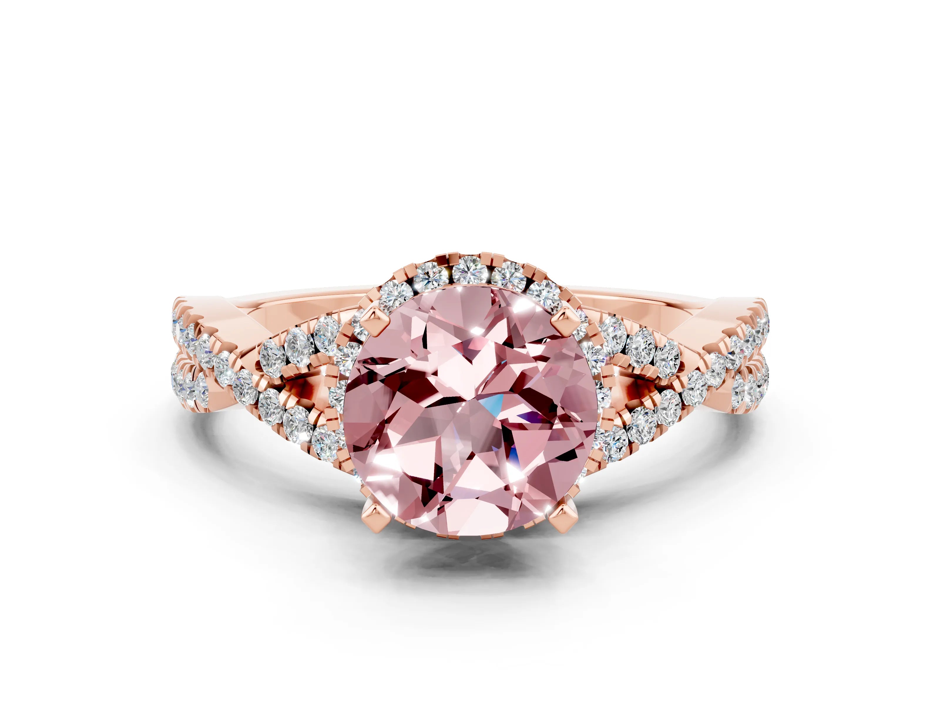 Rose gold Round Cut Morganite Halo Twist Band Solitaire Prong Setting Ring