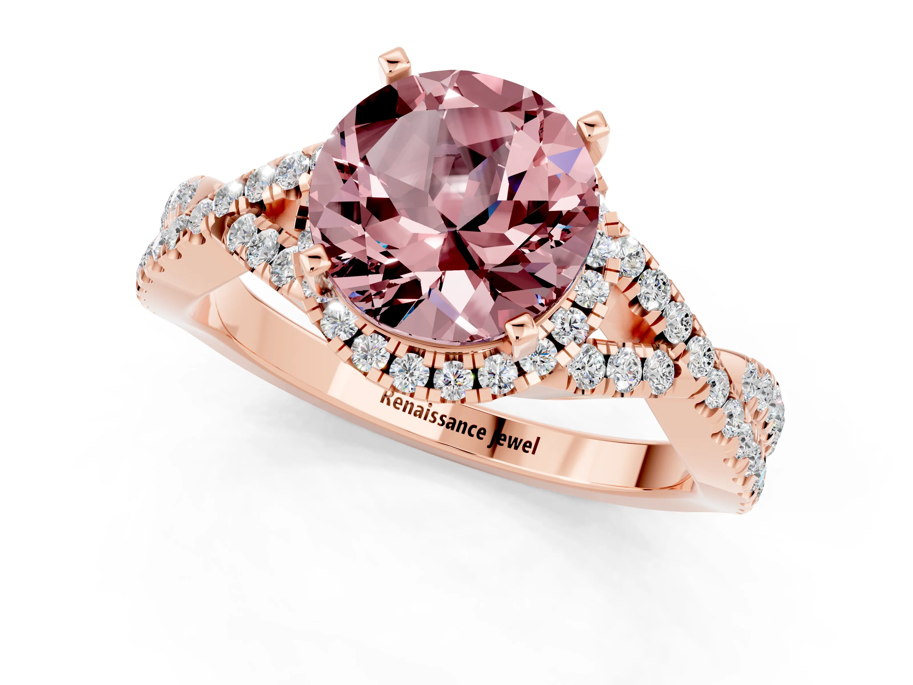 Rose gold Round Cut Morganite Halo Twist Band Solitaire Prong Setting Ring_1