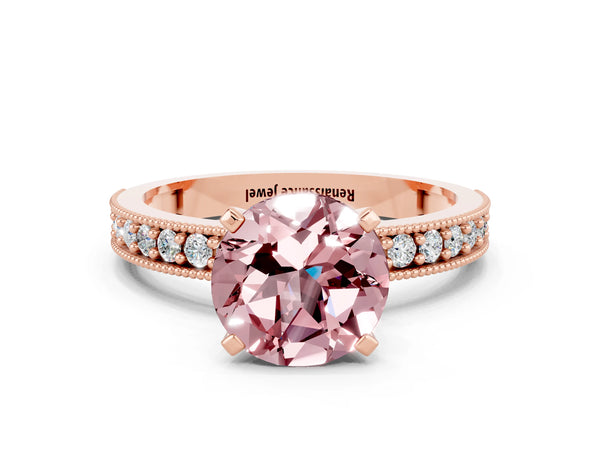 Rose gold Round Cut Morganite Milgrain Pavé Engagement Ring with Four-Prong Setting