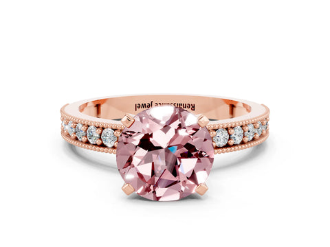 Rose gold Round Cut Morganite Milgrain Pavé Engagement Ring with Four-Prong Setting