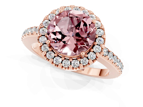 Rose gold Round Cut Morganite Pavé Halo Ring with Four-Prong Setting