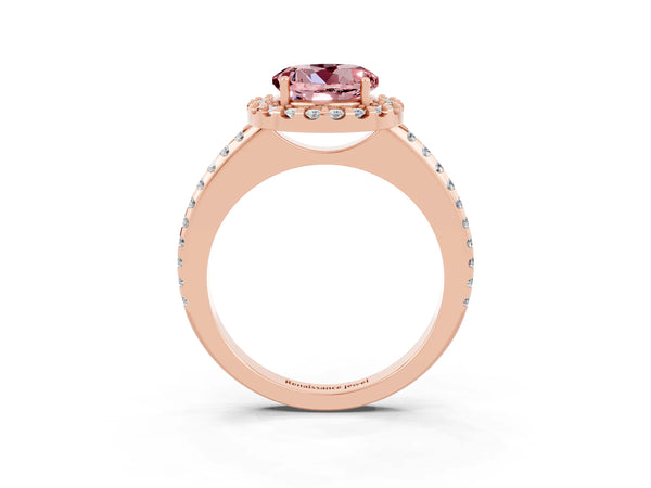 Rose gold Round Cut Morganite Pavé Halo Ring with Four-Prong Setting