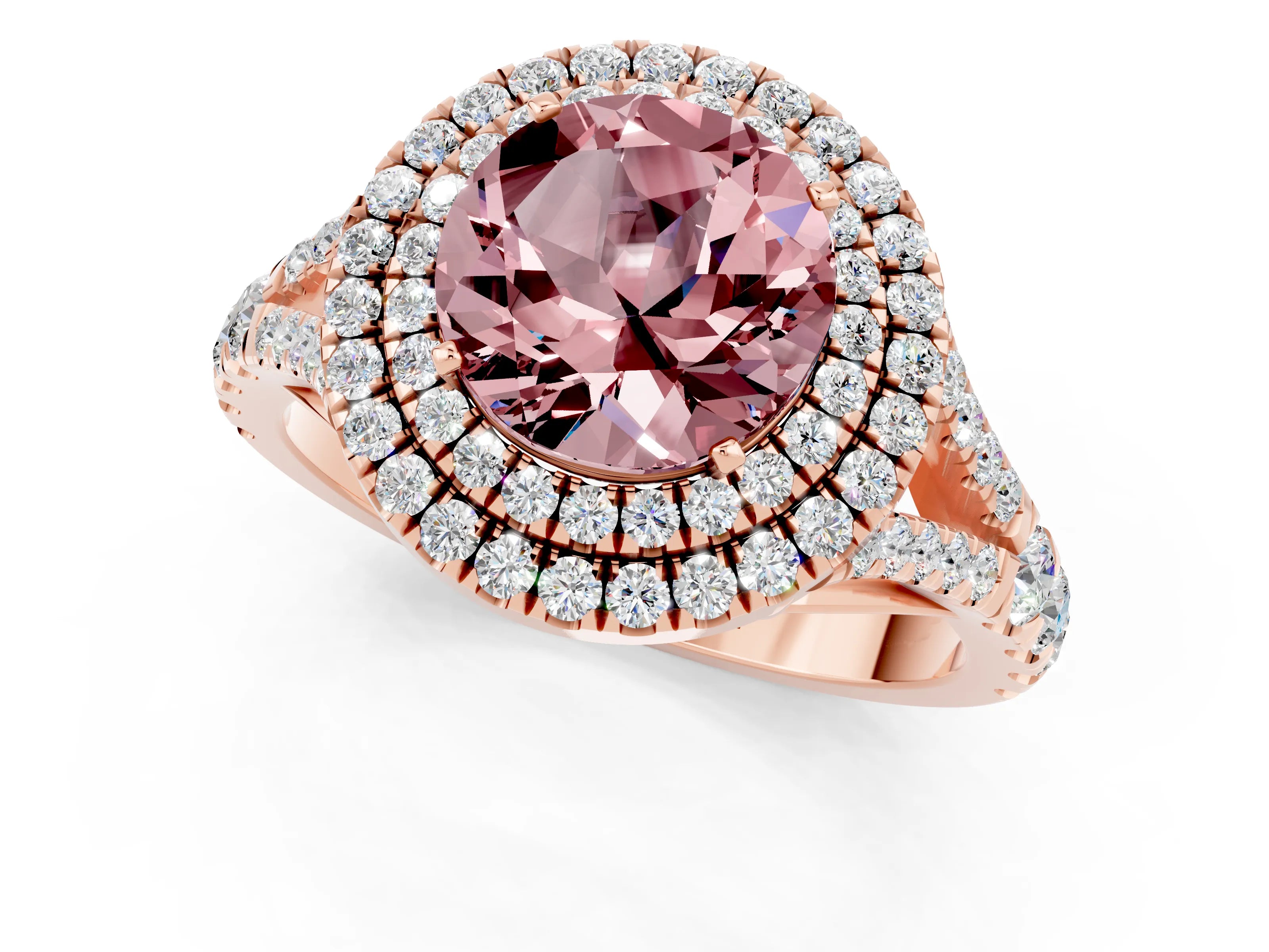 Rose gold Round Cut Morganite Pavé Split Shank Double Halo Engagement Ring_1