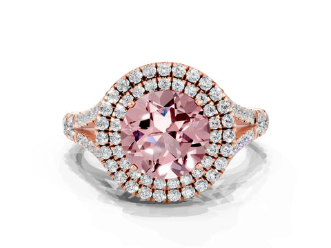 Rose gold Round Cut Morganite Pavé Split Shank Double Halo Engagement Ring