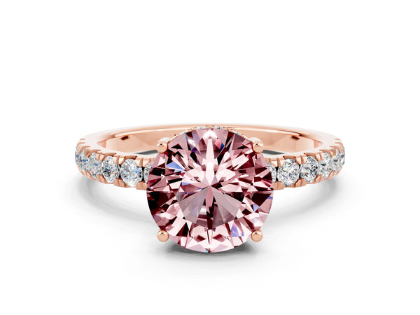 Rose gold Round Cut Morganite Pave Band Solitaire Ring with Round  and Prong Setting