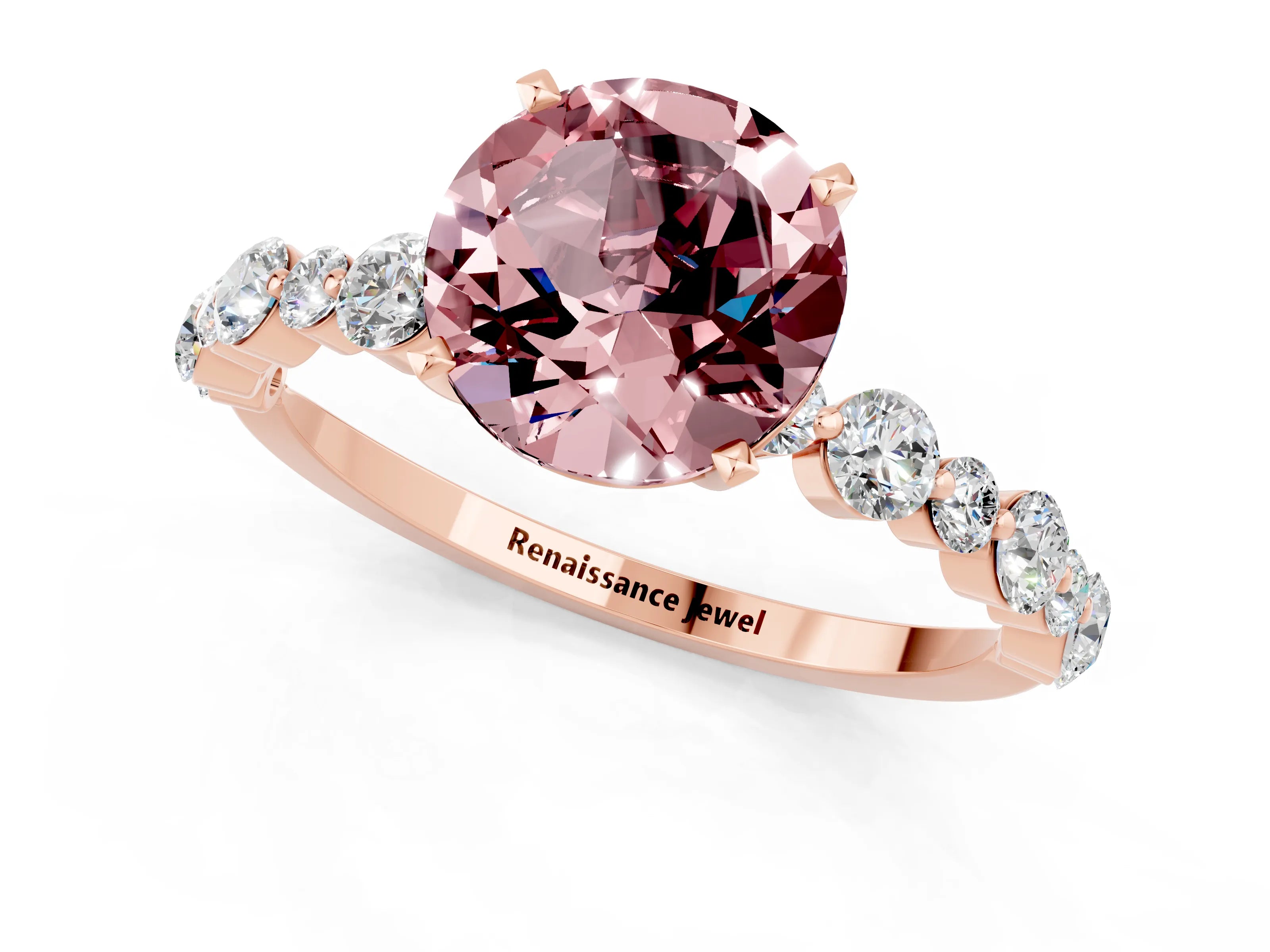 Rose gold Round Cut Morganite Prong Set Engagement Ring with Pavé Band_1