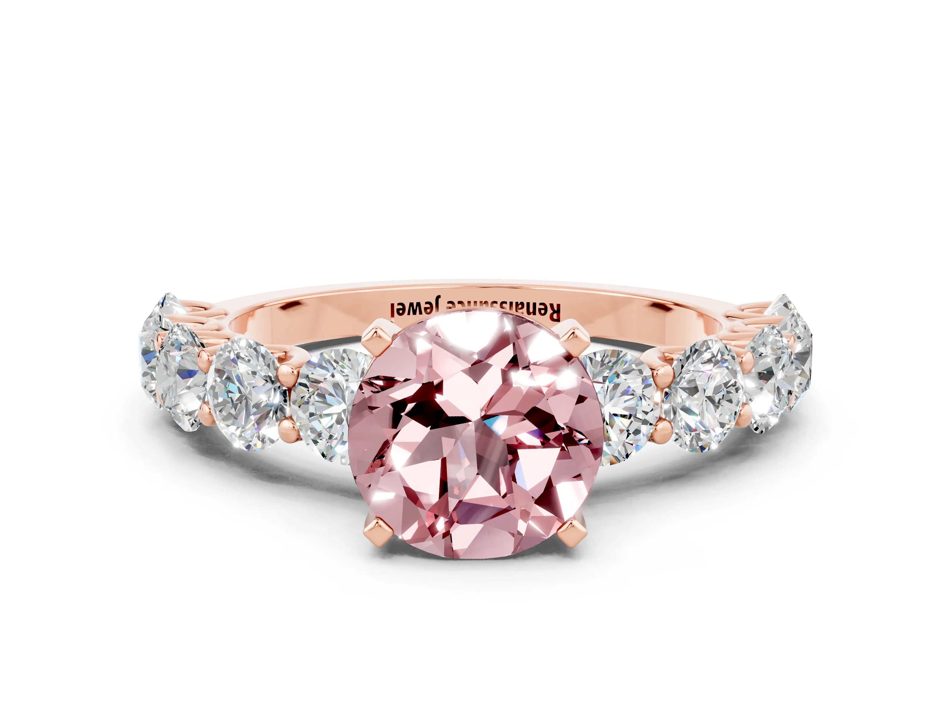 Rose gold Round Cut Morganite Prong Setting with Side Stones on a Pave Band