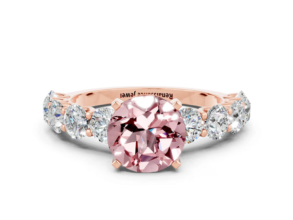 Rose gold Round Cut Morganite Prong Setting with Side Stones on a Pave Band