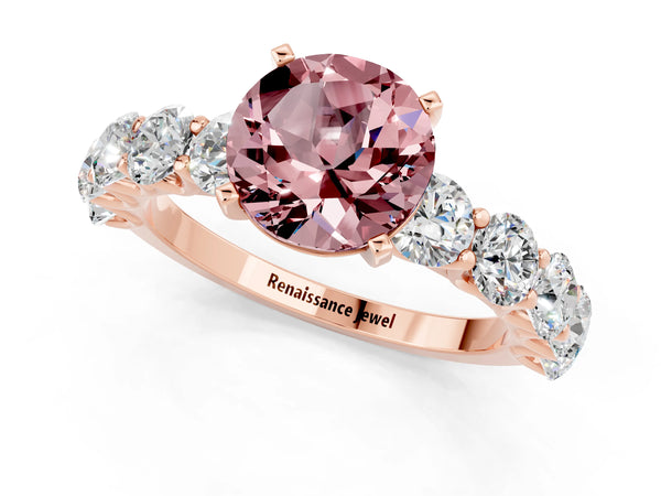 Rose gold Round Cut Morganite Prong Setting with Side Stones on a Pave Band