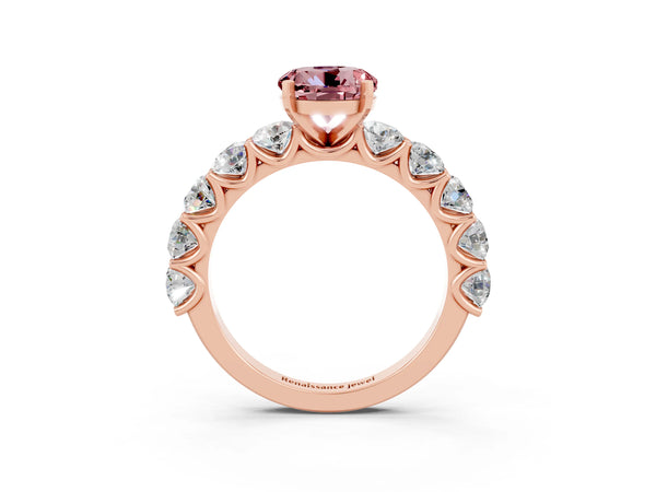 Rose gold Round Cut Morganite Prong Setting with Side Stones on a Pave Band