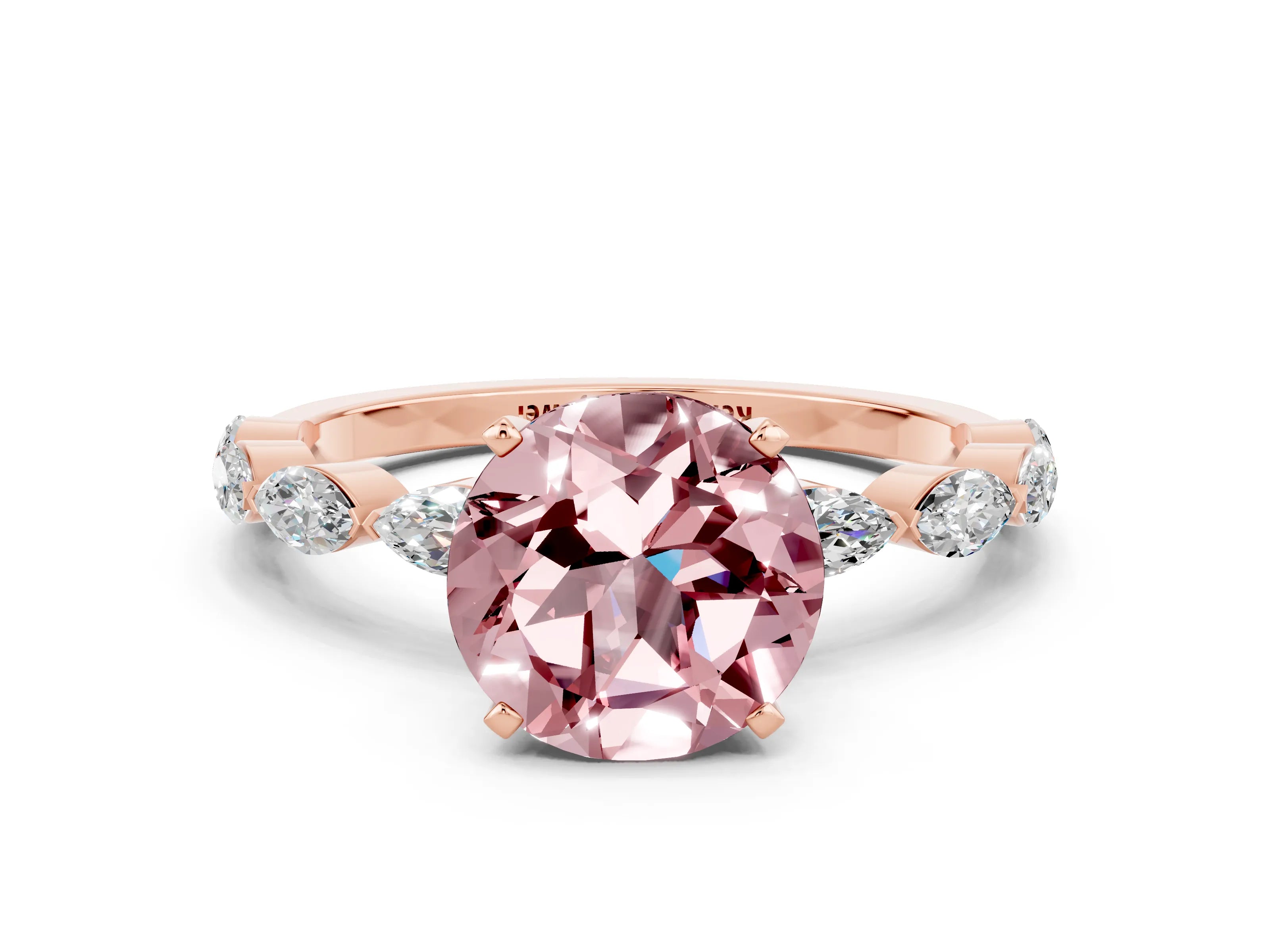 Rose gold Round Cut Morganite Ring with Marquise Side Stones and Prong Setting